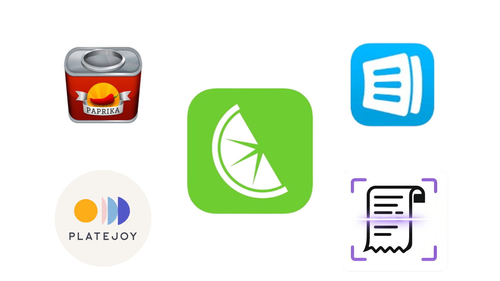 Logos of five popular meal planning apps: Mealime, AnyList, Edible, Paprika, and PlateJoy