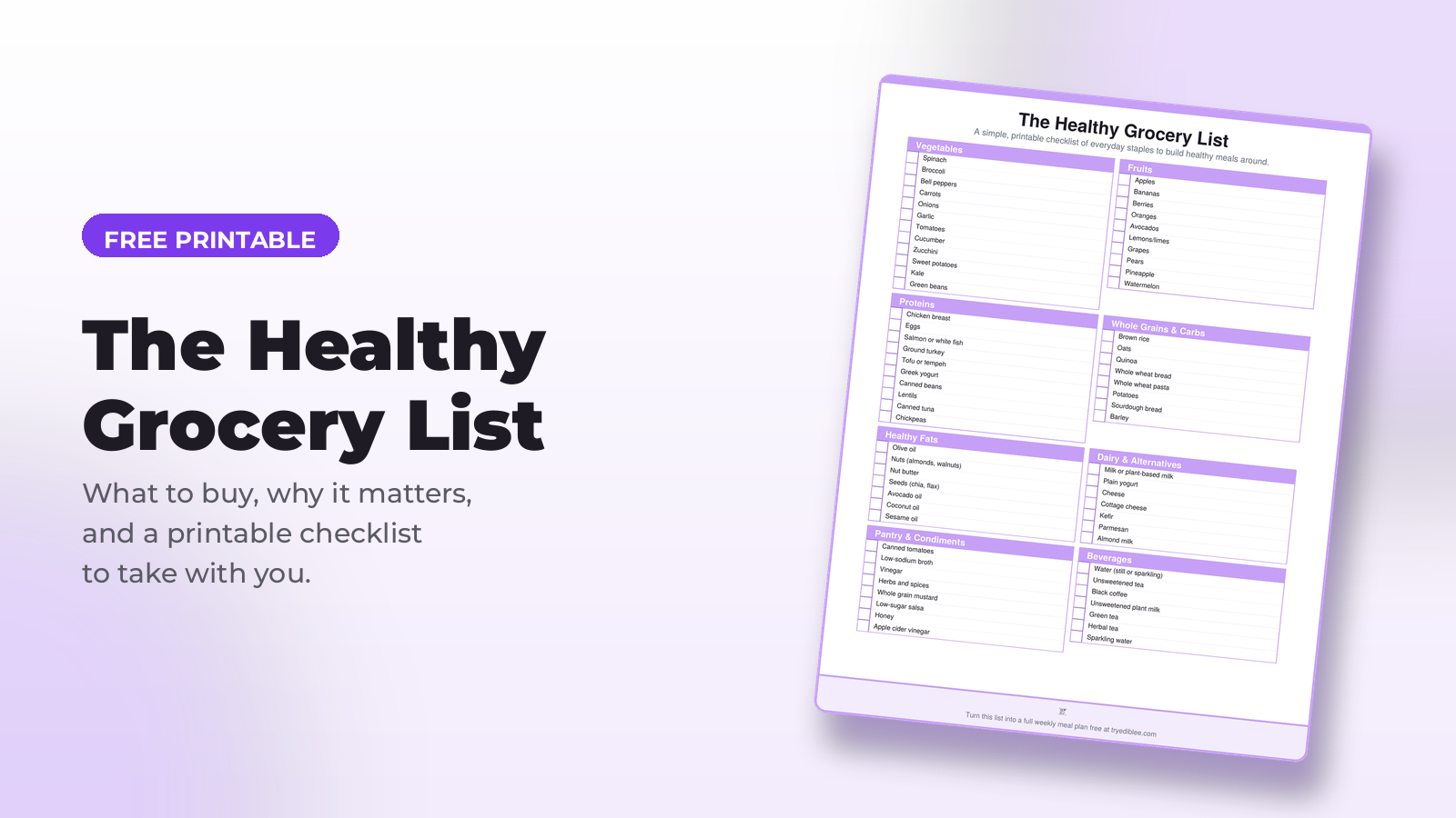 Healthy grocery list staples including fresh produce, proteins, grains, and pantry items