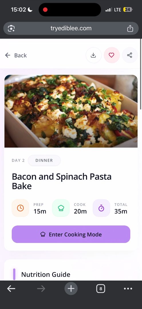Edible app showing a generated meal, Bacon and Spinach Pasta Bake